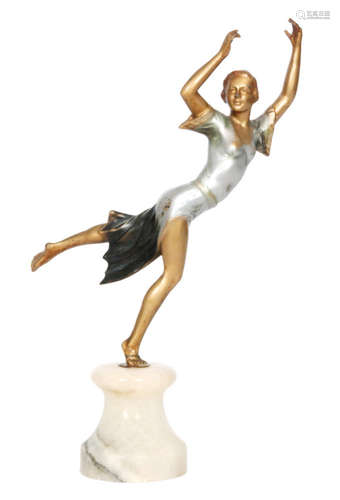 A 1930s Art Deco painted spelter figure of a dancer on alabaster socle base