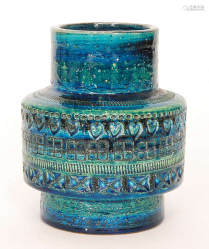 A post war Italian studio pottery footed vase decorated with bands of impressed patterns against the blue and green ground