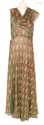 A 1930s ladies vintage lame and gold bullion lace full length evening dress in a tonal brown and green with an all over floral design