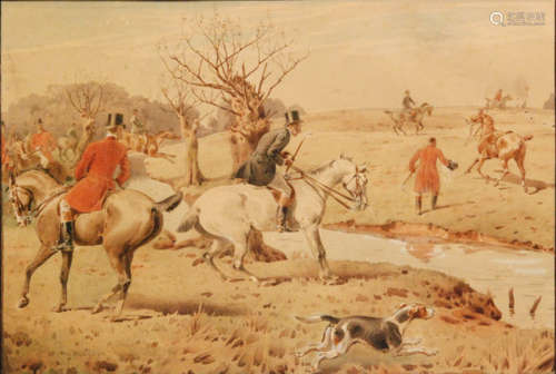 W.J. HODGSON ( LATE 19TH CENTURY) - The hunt crossing a brook