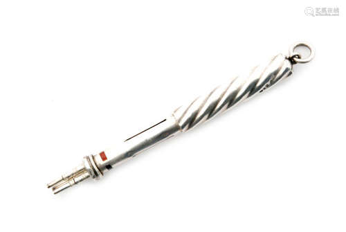 A hallmarked silver wrythen cylindrical three lead pencil holder terminating in pendant loop with enamel details when extended