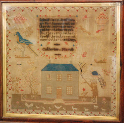 A mid 19th Century rosewood framed pictorial needlework sampler depicting a Georgian house and perched parrots