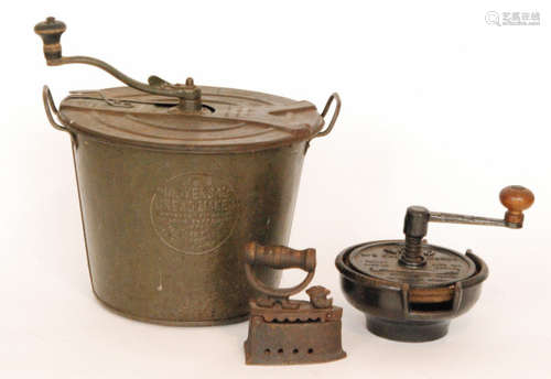 Three pieces of assorted early 20th Century kitchenalia comprising an American 'Three Minute Bread Maker' circa 1904 with embossed instructions to the lid and wooden turning handle