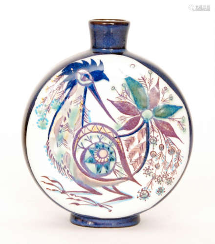 A small Royal Copenhagen moonflask vase decorated to each face with a hand painted stylised bird by Marianne Johnson