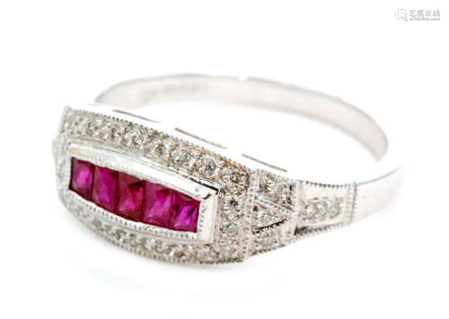 A contemporary 18ct hallmarked white gold ruby and diamond ring