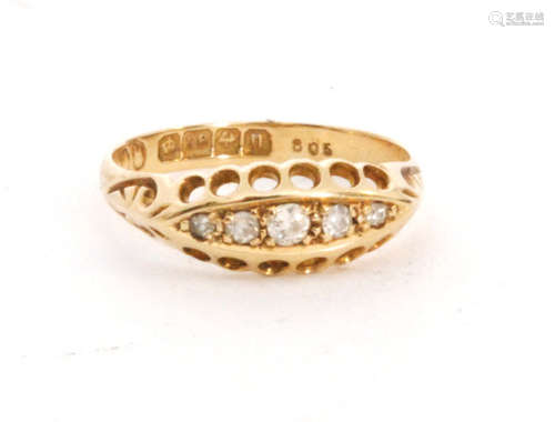 An early 20th Century 18ct hallmarked five stone diamond boat shaped ring