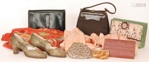 A collection of assorted vintage textiles and accessories to include a pair of 1920s lame T-bar shoes