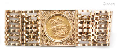 A 9ct hallmarked eight bar gate bracelet with full sovereign dated 1927 to central square pierced panel