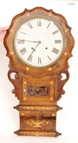 An early 20th Century mahogany eight day drop dial wall clock with Roman numerals to a white enamelled dial