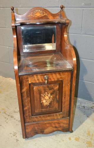 A 19th Century marquetry inlaid rosewood coal purdonium with mirrored back and detailed fall front