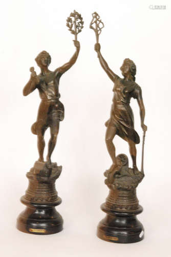 A pair of late 19th Century spelter figures titled Le Telephone and Le Telegraph each on a socle base