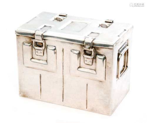 A hallmarked silver rectangular box modelled as a twin handled munitions trunk