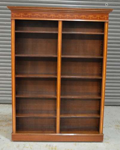 An Edwardian style marquetry inlaid and satinwood banded mahogany floorstanding bookcase