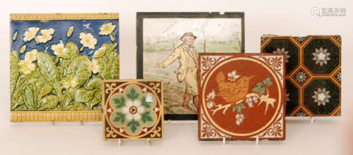 Five assorted late 19th Century tiles comprising a Minton 8 inch dust pressed tile decorated with a hand painted farmer sewing seeds with horses and a farm hand in the distance