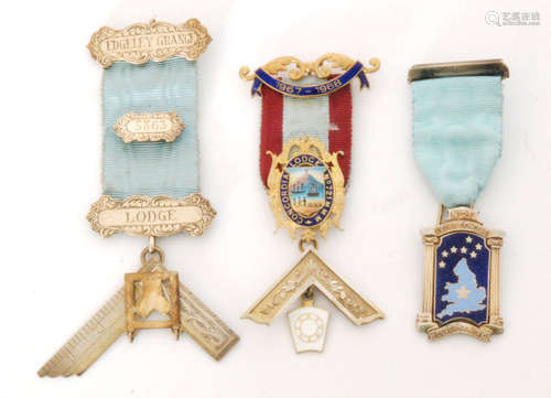 A hallmarked silver Masonic Jewel Edgeley Grange Lodge No 5863 with similar enamelled decorated example Concordia Lodge No 721 and Lodge Concord