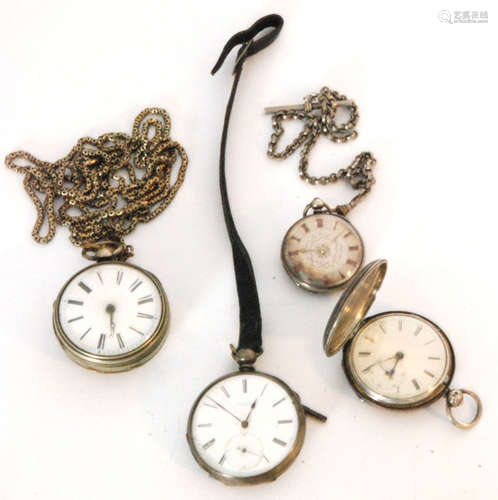 A silver plated verge pair cased pocket watch with three further silver examples and two metal chains