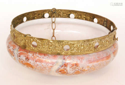 An Art Nouveau style pink marbled effect plafonnier with pressed gilt mount