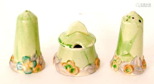 A Clarice Cliff My Garden pattern three piece cruet set circa 1934