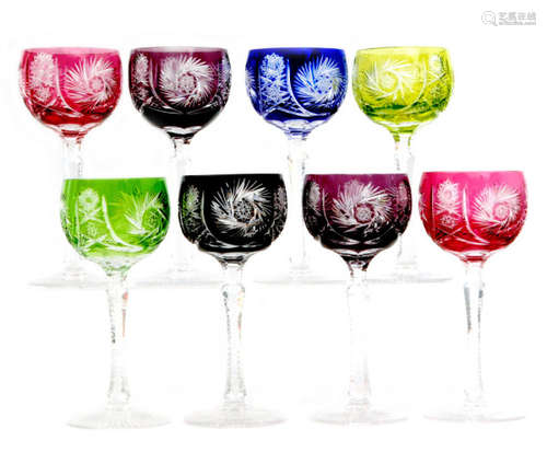 A set of eight 20th Century Bohemian Harlequin hock glasses