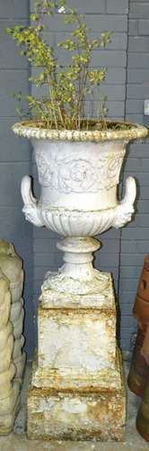 A 19th Century cast iron campana shaped twin handled terrace urn