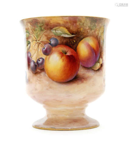 A Royal Worcester Fallen Fruits chalice vase decorated in the round by P. English with peaches