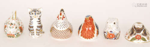 Six assorted Royal Crown Derby paperweights comprising a chicken