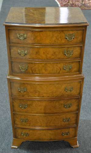 A small Queen Anne style figured bowfront walnut tallboy of seven drawers