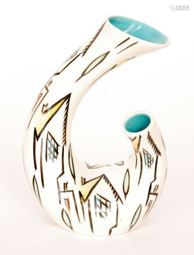 A 1950s Beswick shape 1357 vase designed by Albert Hallam and Jim Hayward decorated with hand painted elongated houses and trees against a white ground