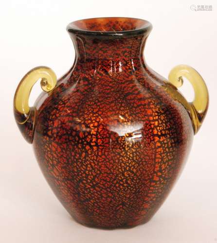 A late 19th to early 20th Century Stevens & Williams Rockingham glass vase of fluted ovoid form with flared neck and applied citron scroll handles