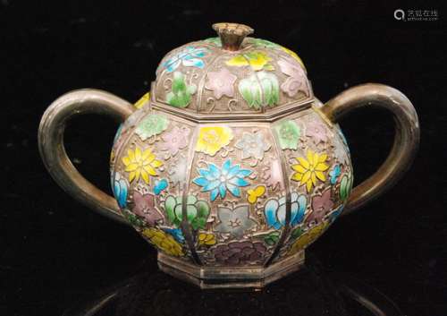 A Chinese silver and enamelled twin handled octagonal sugar or preserve bowl