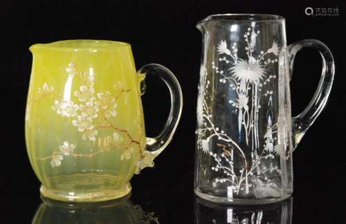 A late 19th Century Harrach glass jug of footed swollen form with applied clear crystal rustic handle