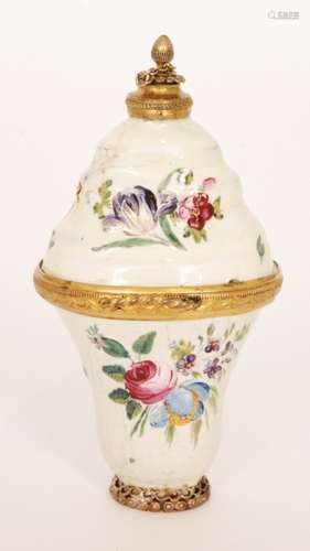 A 19th Century enamelled decorated bonbonniere detailed with floral sprays to flaring body and hinged cover within gilt metal mounts