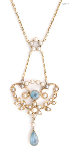 An early 20th Century seed pearl and aquamarine openwork pendant