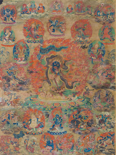 THANGKA EINER SCHUTZGOTTHEIT DER NYINGMA-TRADITION.