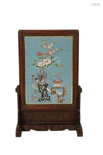 CLOISONNE AND HARDWOOD TABLE SCREEN, QING DYANSTY, 19TH CENTURY