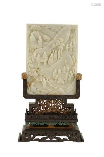 CARVED WHITE AND RUSSET JADE TABLE SCREEN