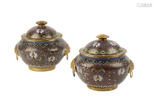 PAIR OF PURPLE-GROUND CLOISONNE COVERED URNS, QING DYNASTY, 19TH CENTURY