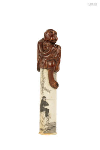 UNUSUAL CARVED WOOD AND BONE BRUSH HOLDER, MEIJI / TAISHO PERIOD