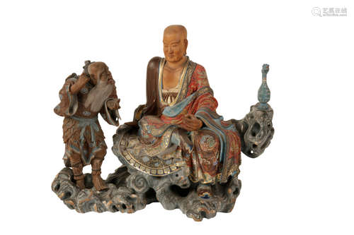 FINE CARVED WOOD AND LACQUER FIGURE GROUP