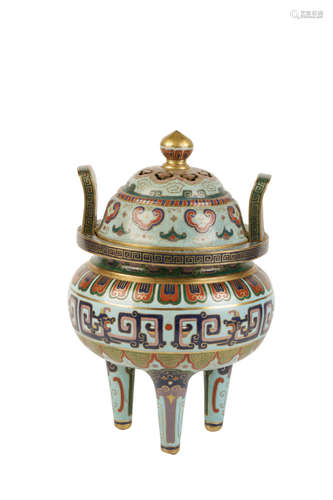 LARGE CLOISONNE TRIPOD CENSER AND COVER, QING DYNASTY, 19TH CENTURY