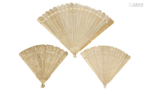 THREE BRISEE CARVED IVORY FANS, QING DYNASTY, 19TH CENTURY