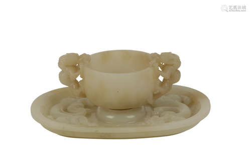 FINE PALE CELADON JADE CARVED CUP AND STAND