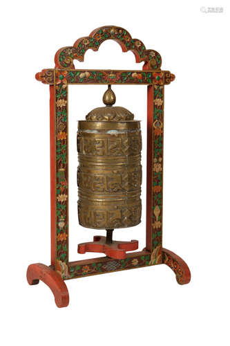 COPPER TEMPLE PRAYER WHEEL (MANI) ON LATER PAINTED WOOD STAND