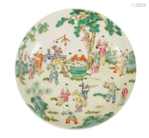 SMALL FAMILLE ROSE 'BOYS' DISH, XUANTONG MARK AND POSSIBLY OF THE PERIOD