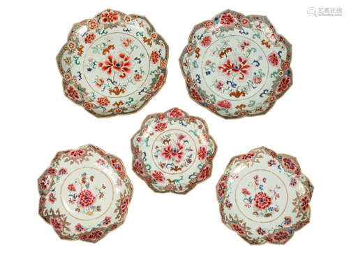 SET OF FIVE FAMILLE ROSE LOTUS FORM ENAMELLED DISHES, QING DYNASTY, 18TH CENTURY