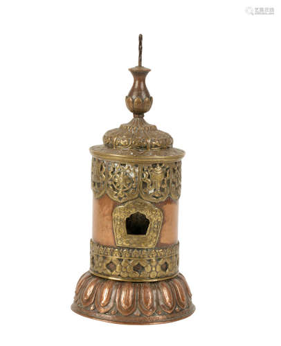 COPPER AND BRASS TEMPLE PRAYER WHEEL (MANI), 19TH CENTURY