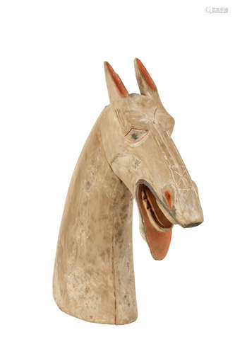 RARE CARVED AND PAINTED WOOD HORSE HEAD, HAN DYNASTY