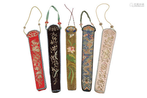 FIVE EMBROIDERED FAN CASES, EARLY 20TH CENTURY