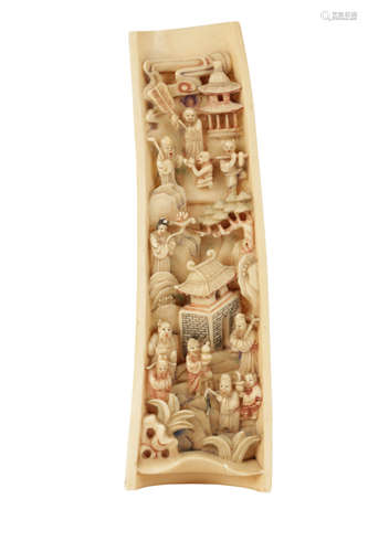 CARVED IVORY AND POLYCHROME PAINTED WRIST REST, QING DYNASTY