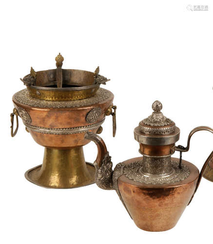 COPPER, BRASS AND SILVER TEAPOT AND BRAZIER, TIBET, 19TH CENTURY